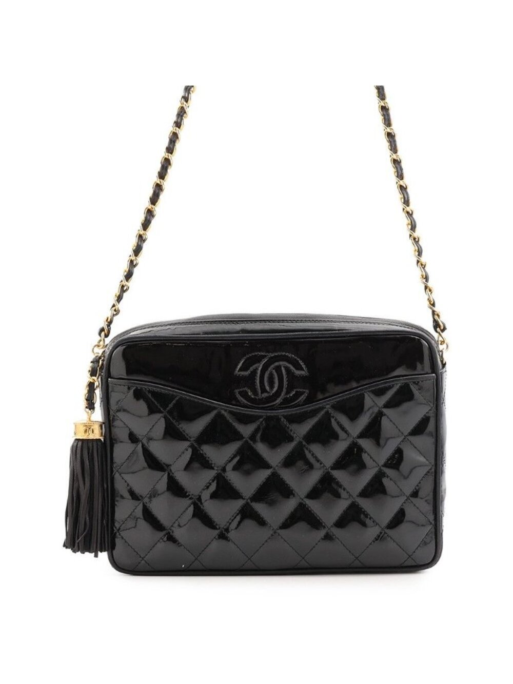 Chanel Chain Shoulder Bag Quilted CC Logo Patent Black